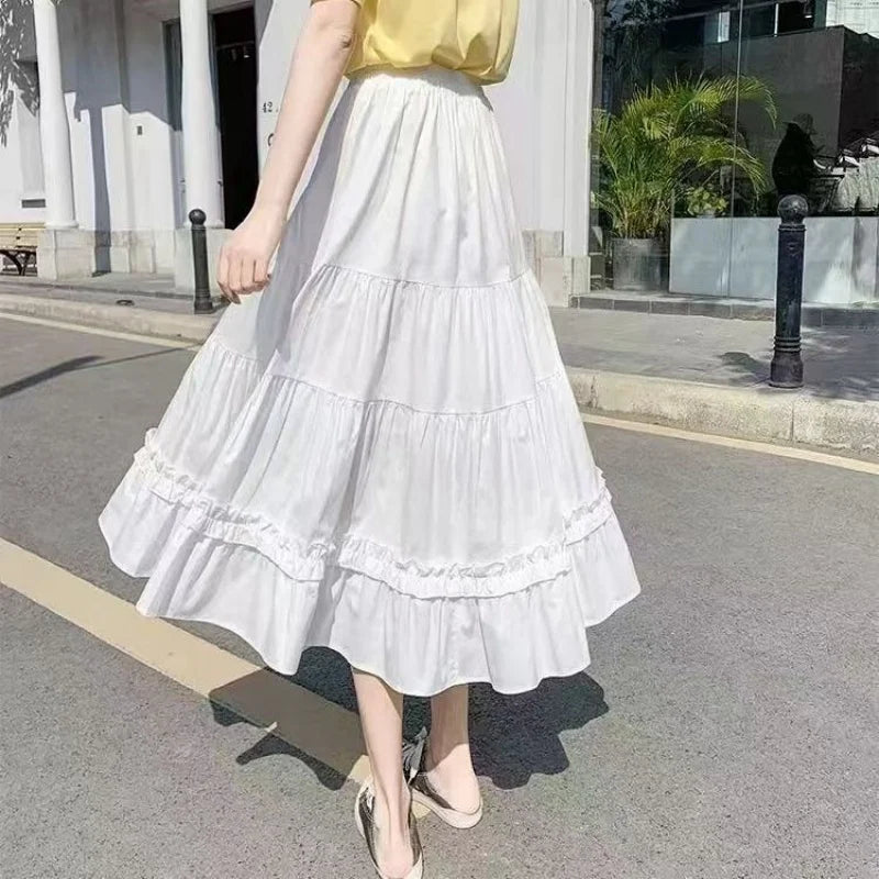 Casual Vintage Skirt Matching Chic Lady's White Skirt Sweet Girl's Cake Skirt Elastic Waist A-Line Mid Length Flare Skirt