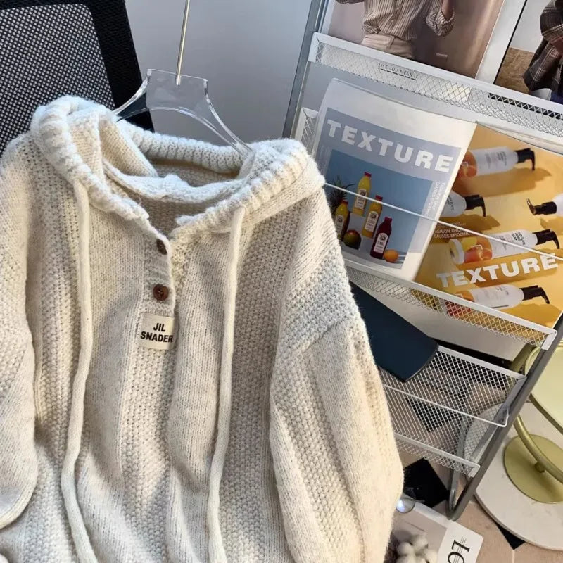 Pullovers Hooded Plus Velvet Thickening Button Design Tender Knitted Sweater All-match Casual Students Chic
