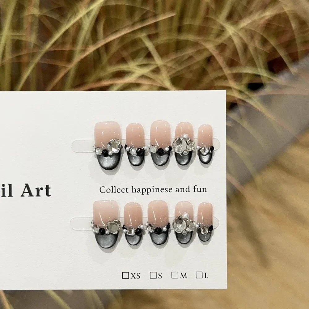 Sweet Lovely Cartoon Bear Long Coffin Stiletto Fake Nails Bowknot Pearl Diamond Flowers Cat Eyes Wearable Fake Nails