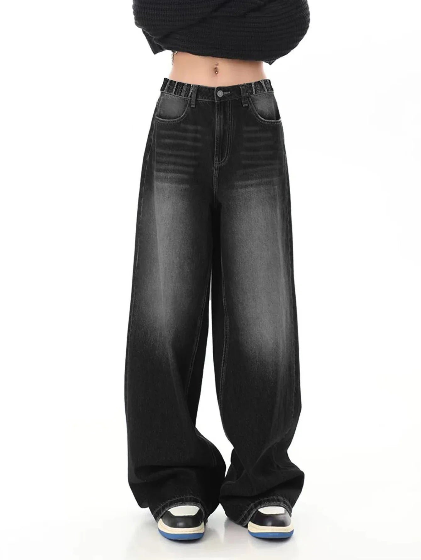 Vintage black washed loose straight-leg jeans