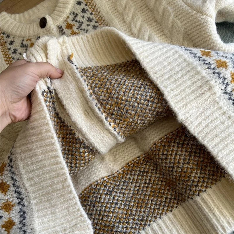 Vintage Jacquard Knit Cardigan Loose Casual Lazy Wind Print Button Pullovers Korean Long Sleeve Baggy Outwear