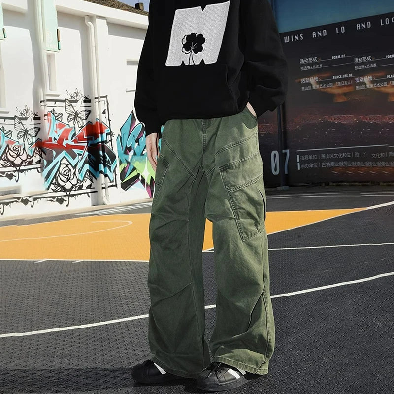 Big Pocket Cargo Pants Loose Straight Wide Leg Trousers Baggy Outdoor Workwear Pants Man Hip Hop Sweatpants