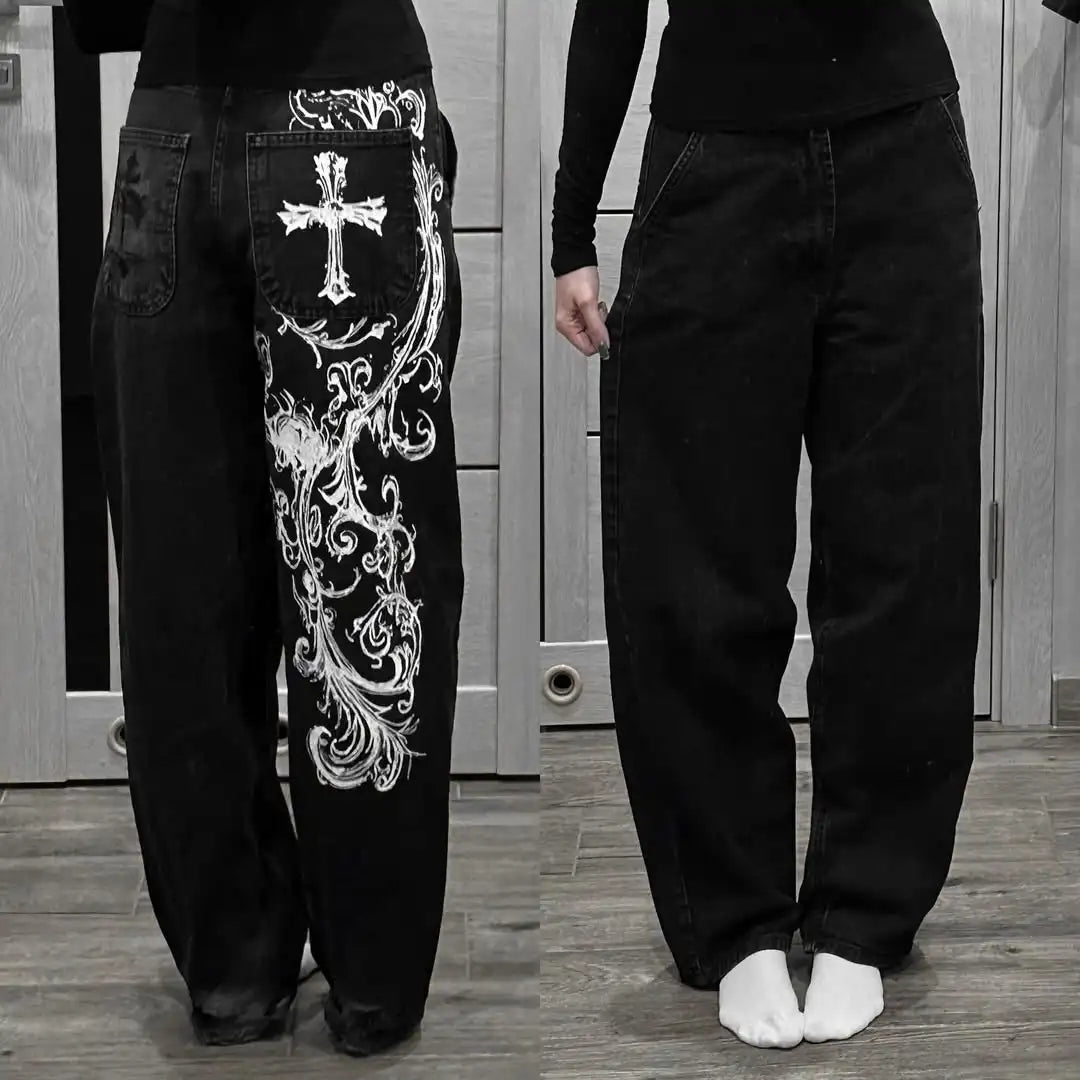 Y2K Style Harajuku Stripe Embroidery Baggy Jeans High Street Retro Hip Hop Casual Couple Wide-leg Denim Pants