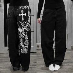 Y2K Style Harajuku Stripe Embroidery Baggy Jeans High Street Retro Hip Hop Casual Couple Wide-leg Denim Pants