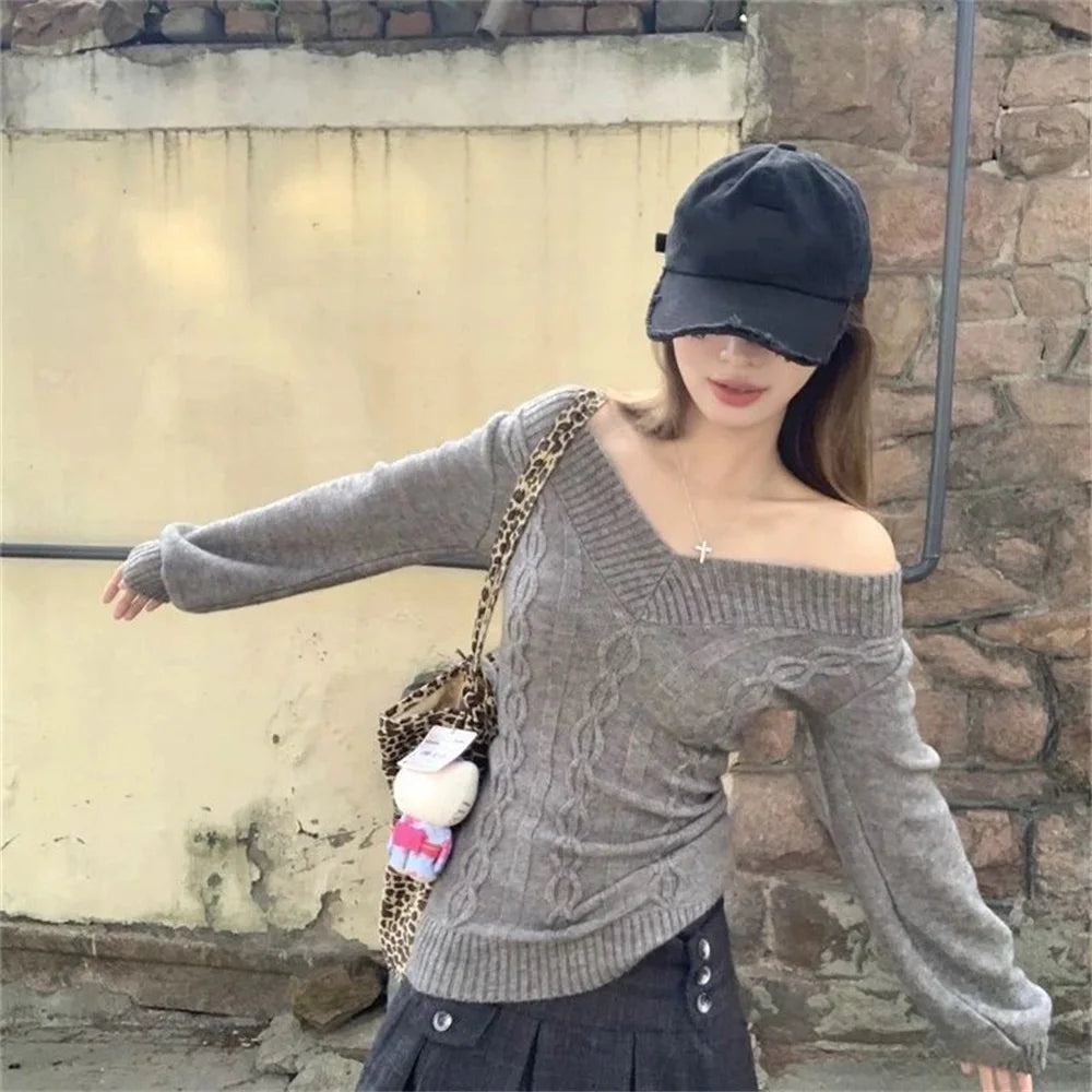 Vintage V-neck Knitted Tops Early Sweaters Pullover Slim Long Sleeve Pullovers Gray Jumpers