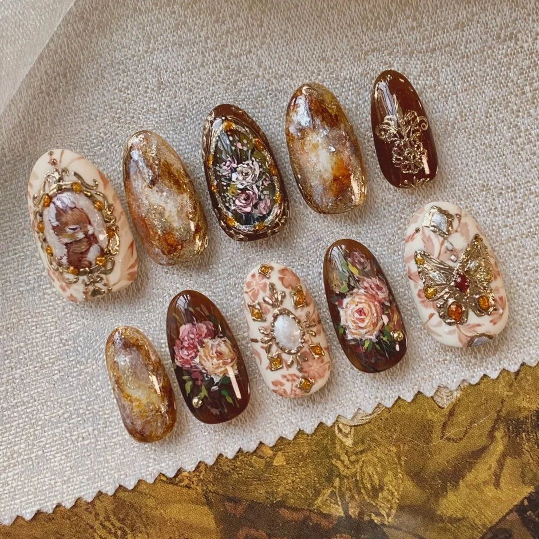 24pcs Flower Print Press on Nails Wine Red Blush Almond False Nail Tips Wearable Reusable Spicy Girl Fake Nails
