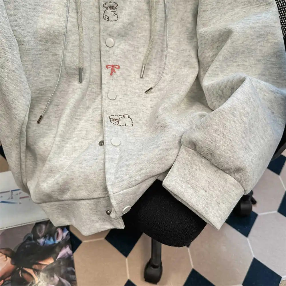 Vintage Cute Dog Print Sweatshirt Open Cardigan Loose College Style Casual Match Hat Hoodie Jacket