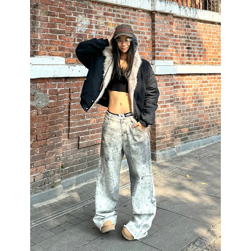 Vintage Emo Loose Washed Pants Casual Harajuku Style Jeans Y2K Wide Leg Punk Baggy Denim Trouser