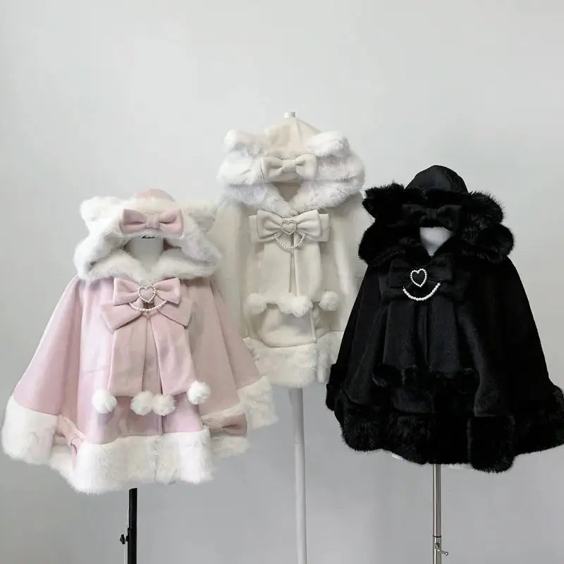 Lolita Shawl Overcoat Design Bow Hooded Patchwork Kawaii Cope Coat Warm Chic Sweet Christmas Coat