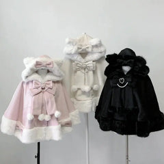 Lolita Shawl Overcoat Design Bow Hooded Patchwork Kawaii Cope Coat Warm Chic Sweet Christmas Coat