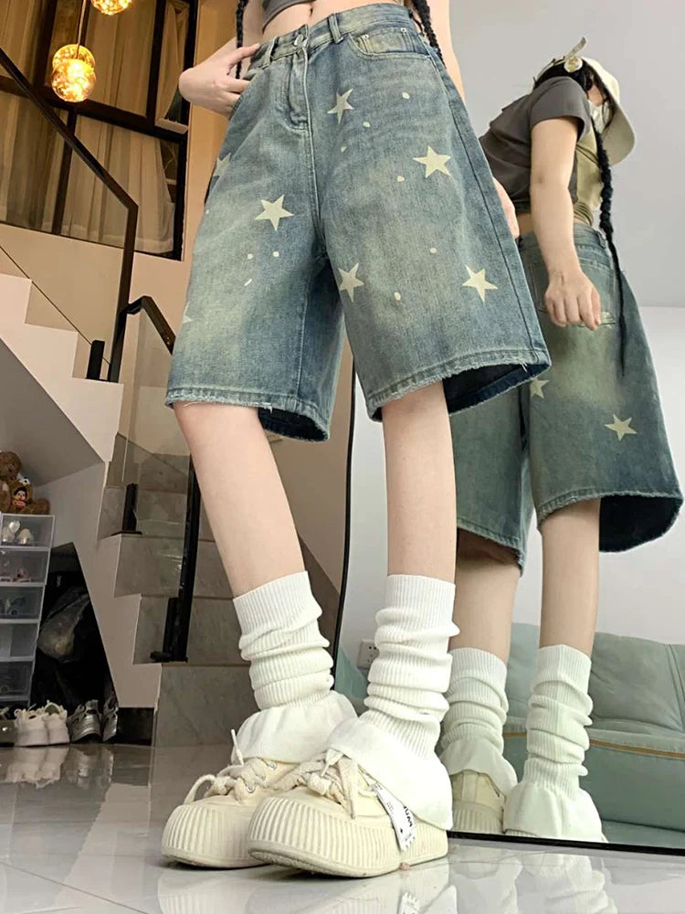 High Waist American Retro Washed Wide Leg Jeans Girls Street Do Old Star Loose Denim Pants Blue Knee Length Shorts