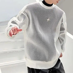 Korean Clothes Hollow Out Ice Silk Fabric Wear Sheer Out Streetwear Round Neck Long Sleeve T-shirt