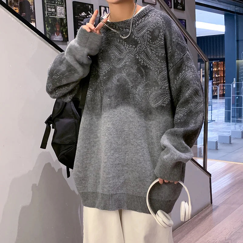 Sweater Round neck cashew flower knitted sweater gradient color loose Year's sweater clothing