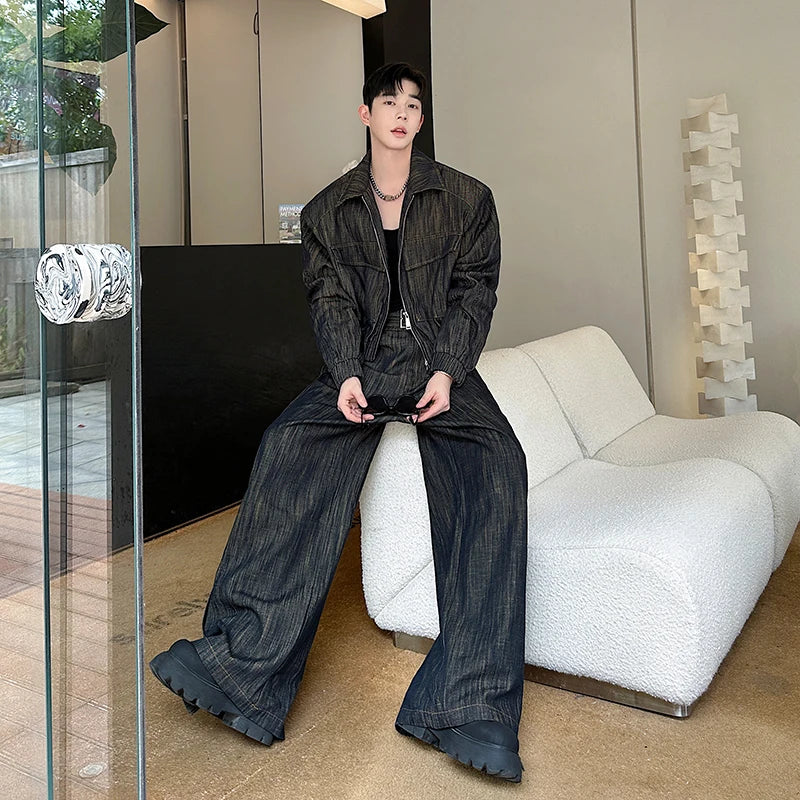Denim Set Distressed Denim Set Short Lapel Jacket Cargo Pockets Straight Wide Leg Long Jeans Innovative Front Pockets
