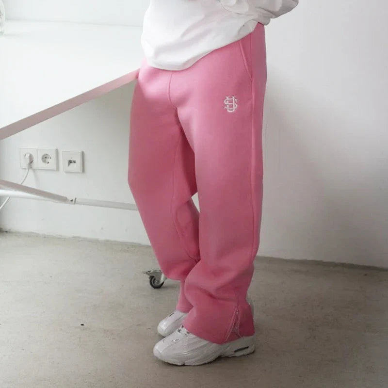 Drawstring Zipper Sweatpants Solid Color Casual High Street Hip-Hop Rap Street Y2K Style High Waist Trousers