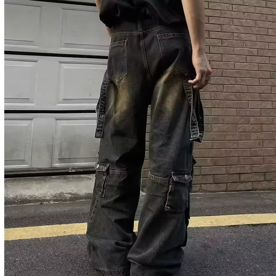 Y2K High Street Jeanss Multi-Pocket Hiphop Cargo Pants Vintage Straight Wide-Leg Denim Trousers Streetwear