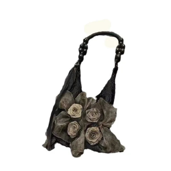 Chinese Style Rose Decor Shoulder Bags Commuter Tote Bags Classic Pleated Handbags Underarm Bags