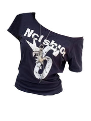 Y2k Sport Off shoulder Top Vintage 2000s Short sleeve T shirt Lady Body Basic Crop Top Casual
