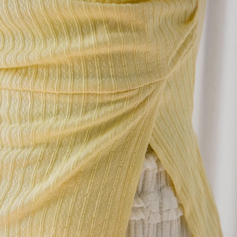 Sweet Yellow Slim Fit Knitted Tube Top With Shell Ribbon Decoration Irregular Pleated Side Slit Casual Vacation Top