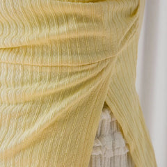 Sweet Yellow Slim Fit Knitted Tube Top With Shell Ribbon Decoration Irregular Pleated Side Slit Casual Vacation Top