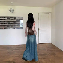Sweet Cool Retro Distressed Denim High Waist A- Line Long Skirt Wrap Body Skirt Cotton Pure Color