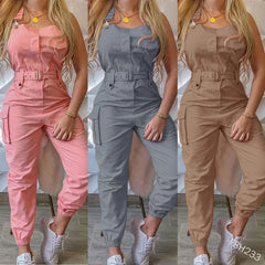 Wish Utility Jumpsuit Beltless Sleeveless Simple Tied Pants Working Uniform Cross-border Style from HongKong