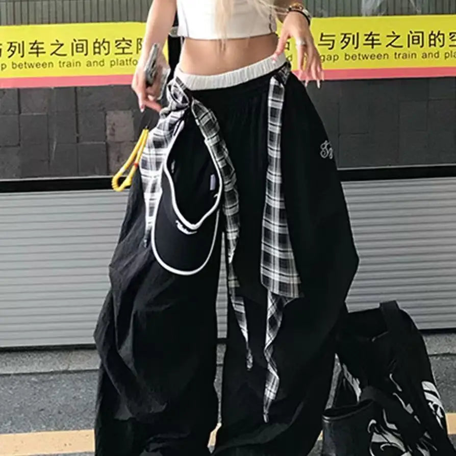 Y2K American Black Retro Hip-Hop Spliced Plaid Belt Girl Loose Casual High Waist Wide-Leg Quick-Drying Sweatpants