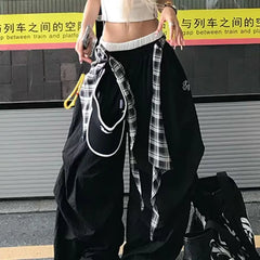 Y2K American Black Retro Hip-Hop Spliced Plaid Belt Girl Loose Casual High Waist Wide-Leg Quick-Drying Sweatpants