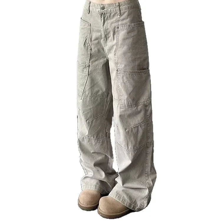 American Retro High Street Pocket Design Jeans Loose Casual Straight Leg Vibe Wide Leg Floor-Length Trendy Pants