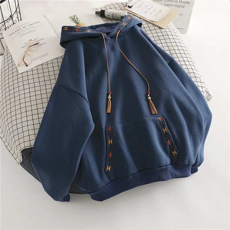 Hoodie Drawstring Tassel Exquisite Embroidery Large Pocket Thick Pullover Artisticable Top Jacket