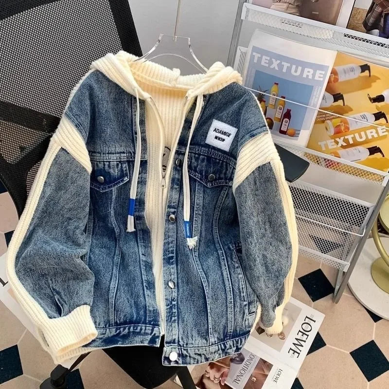 Loose Lazy Style Denim Patchwork Hoodie Outerwear Sweater Jacket Korean Version Casual Coat