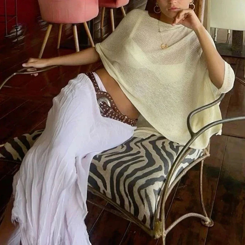 Irregular Knitted Cover-ups Crop Tops Y2k Vintage Smocked T-shirt Boho Beach Vacation Going Out Pullovers Tees