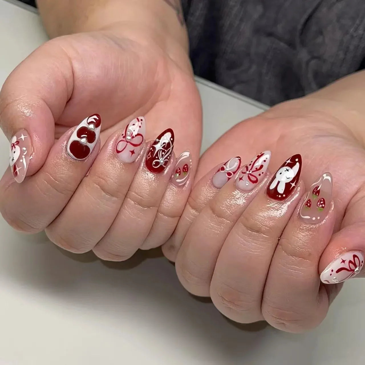 24PCS Wine Red Almond Press on Nails Cartoon Rabbit Bowknot with Plaid Pearl Designs French Fake Nails