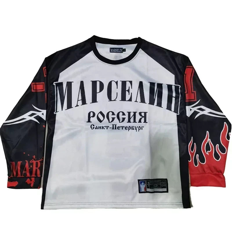 Y2K American марселин Jersey Long Sleeved T Shirt Street Wear Casual Baseball Jacket Harajuku Retro Loose Sports Shirt