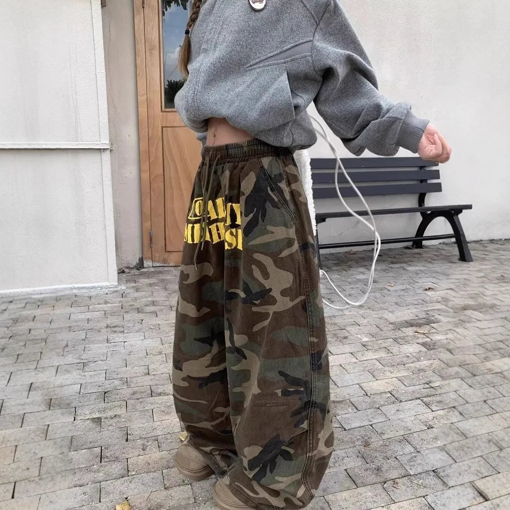 Fashionable Camouflage Denim Pants Trendy Japanese Harajuku Style Loose Fit Long Pants Polyester Fiber Comfortable Casual Lei...