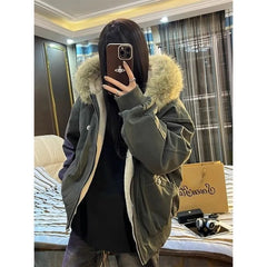 American Street Fur Collar Zipper Hooded Jacket Retro Velvet Thickened Warm Loose