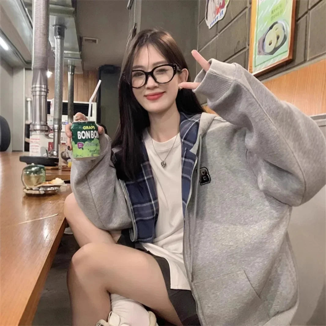Retro American Plaid Splicing Hoodie Oversize Loose Lazy Style Open Cardigan Coat Polyester Fiber