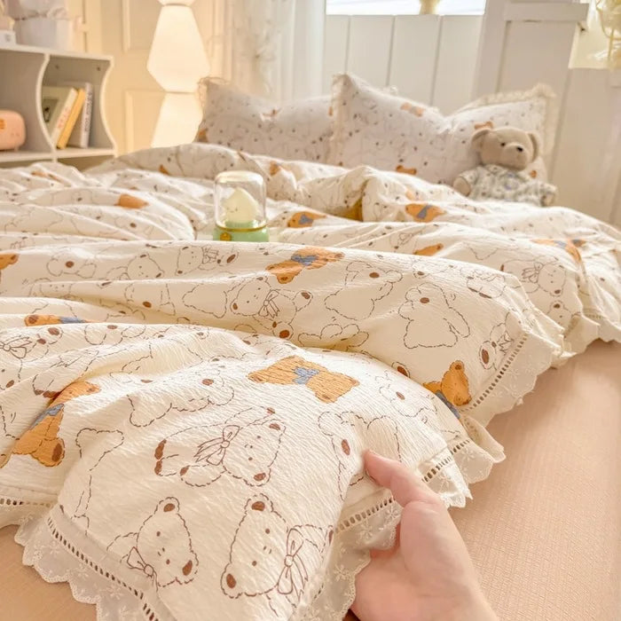 hollow lace wrinkled cotton four-piece set household student dormitory three-piece set bed sheet quilt cover