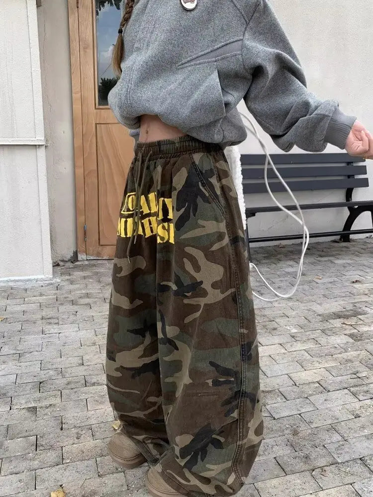 Fashionable Camouflage Denim Pants Trendy Japanese Harajuku Style Loose Fit Long Pants Polyester Fiber Comfortable Casual Lei...