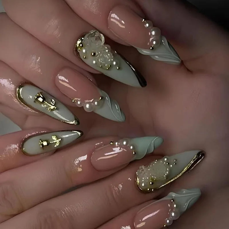 24Pcs Blue Almond Press on Nails with 3D Pearl Design Mid-length Oval False Nails Tips Bow Pattern Wearable Fake Nail