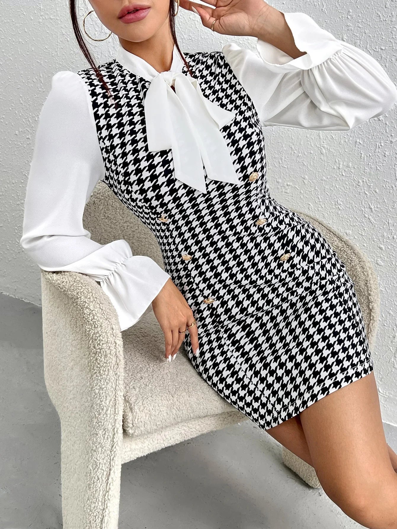 Temperament Color Contrast Print Casual Bow Tie Slim Long-sleeved Dress