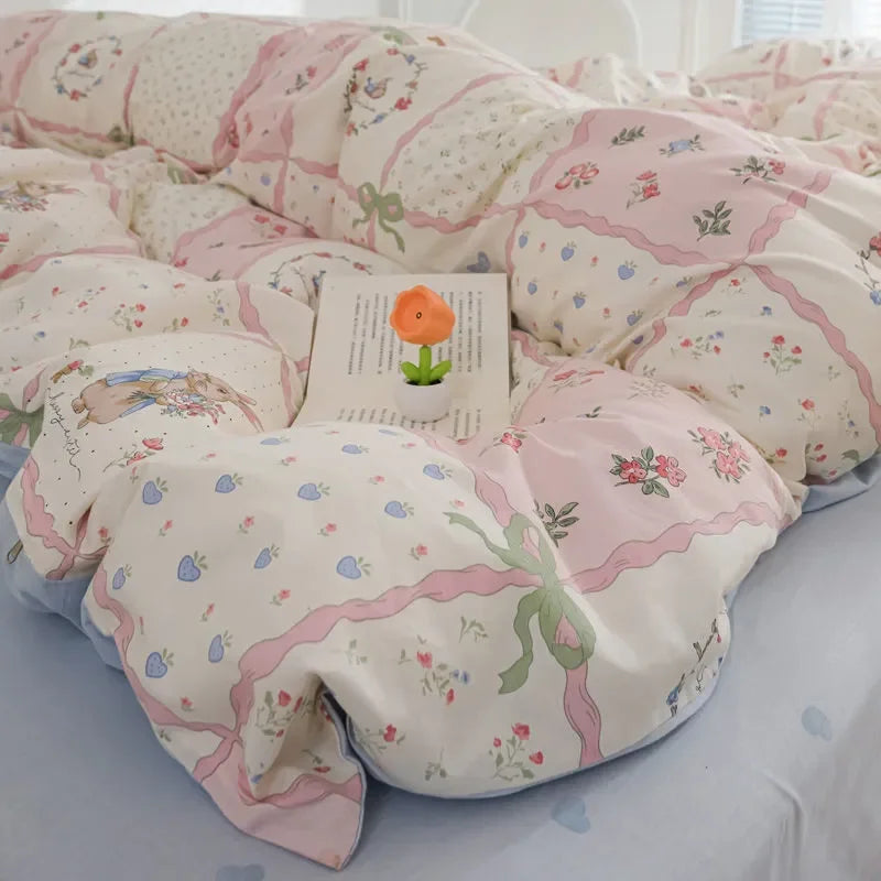 Pink Flowers Duvet Cover Set Ins Single Queen Size Girls Boys Flat Sheet Pillowcase No Filler Home Decor Bedding Set