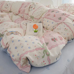 Pink Flowers Duvet Cover Set Ins Single Queen Size Girls Boys Flat Sheet Pillowcase No Filler Home Decor Bedding Set
