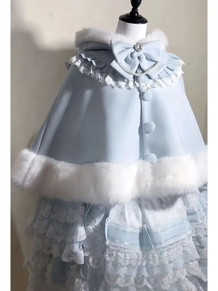 Lolita Shawl Overcoat Design Bow Hooded Patchwork Kawaii Cope Coat Warm Chic Sweet Fur Collar Coat
