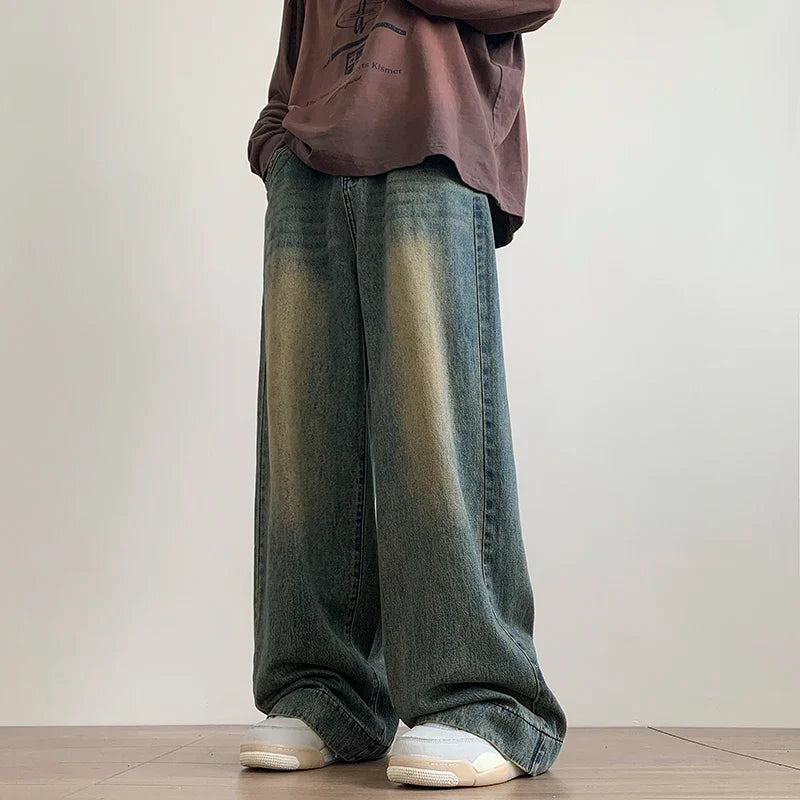 Distressed Vintage Blue Jeans Wide-leg Denim Trousers Male Oversize Streetwear Casual Baggy Straight Jeans
