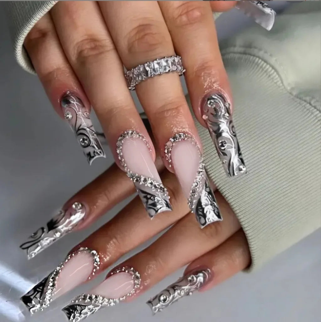 24pcs Rhinestones Full Cover Nail Art Datachable Glitter French Press on Nails Tip Flower Long Square Fake Nail Pink False Nails