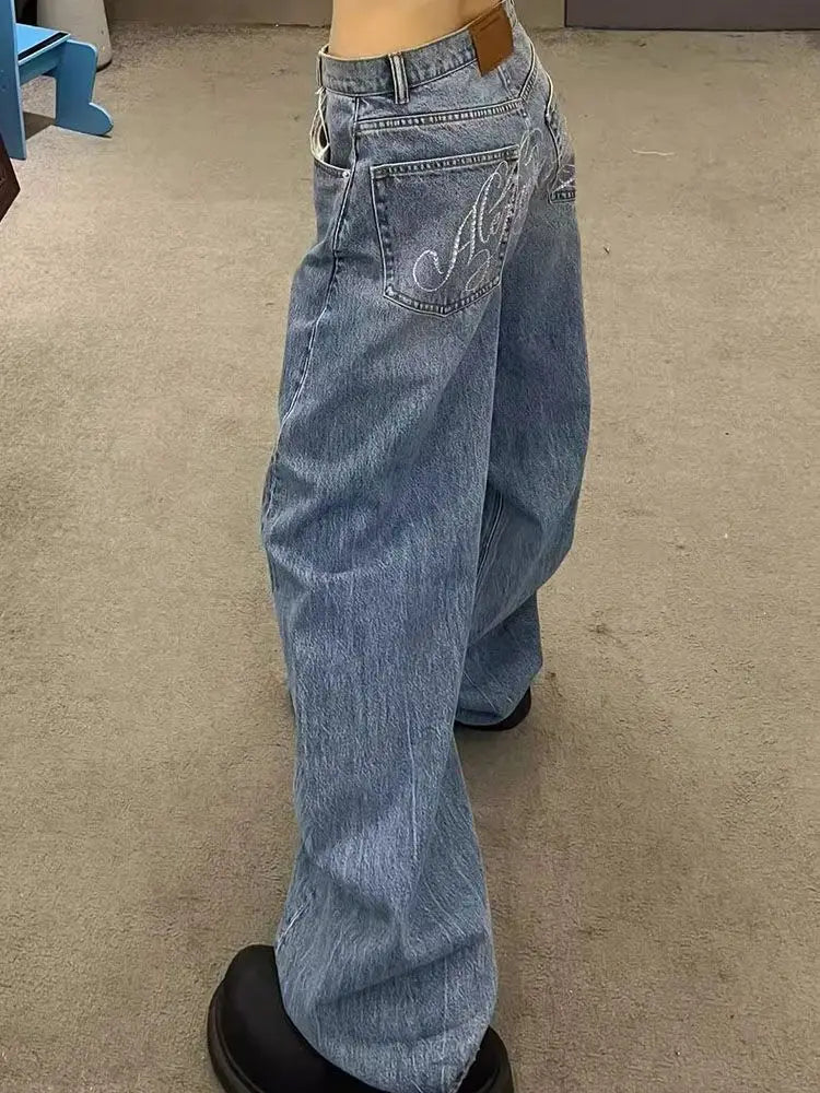 Gradient Casual Blue Jeans Y2K Vintage High Waisted Jeans Straight Streetwear Loose Large Wide Leg Denim Pants