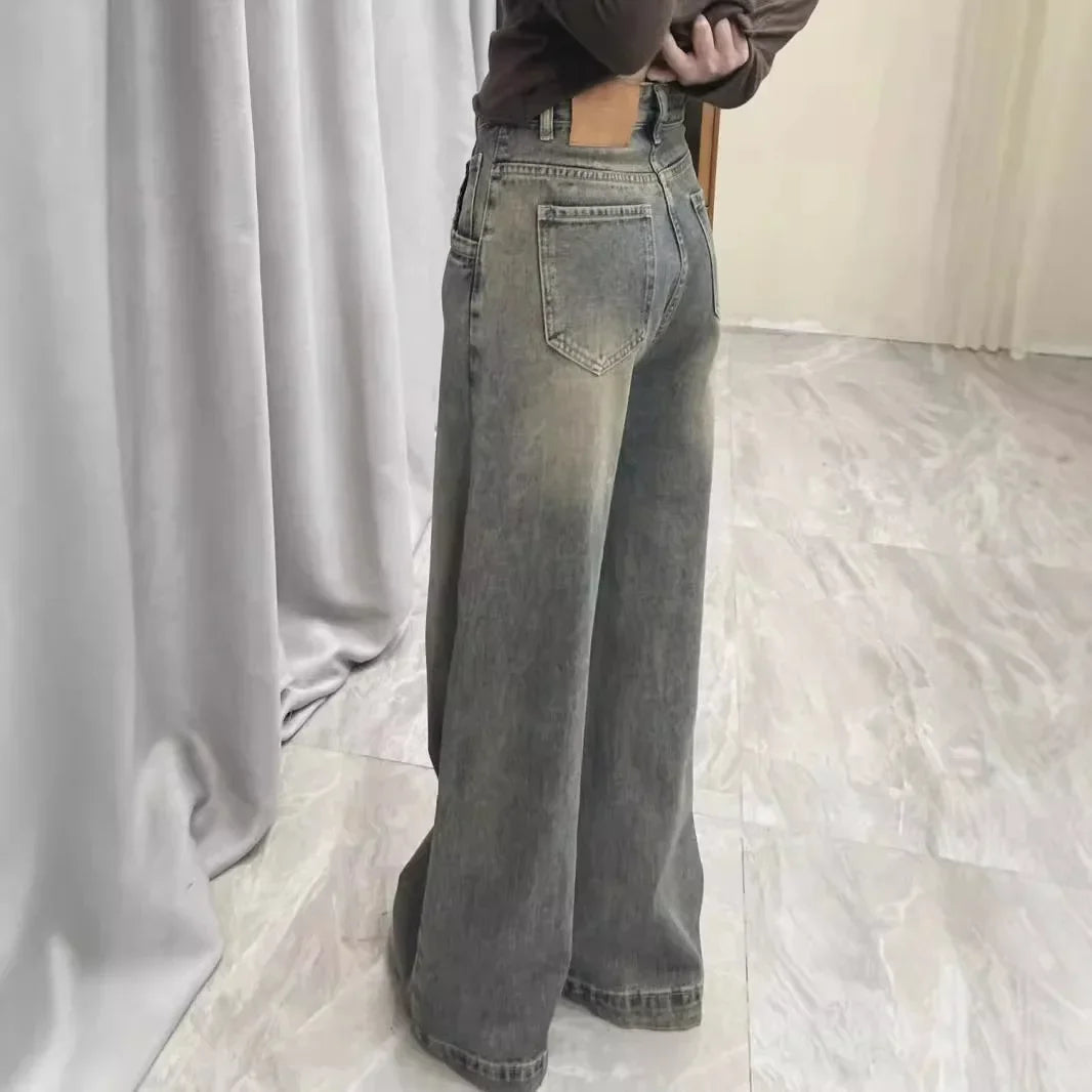 Vintage Distressed Wide-leg Jeans Loose-fit Slimming Draped Versatile Trailing Straight-leg Trousers