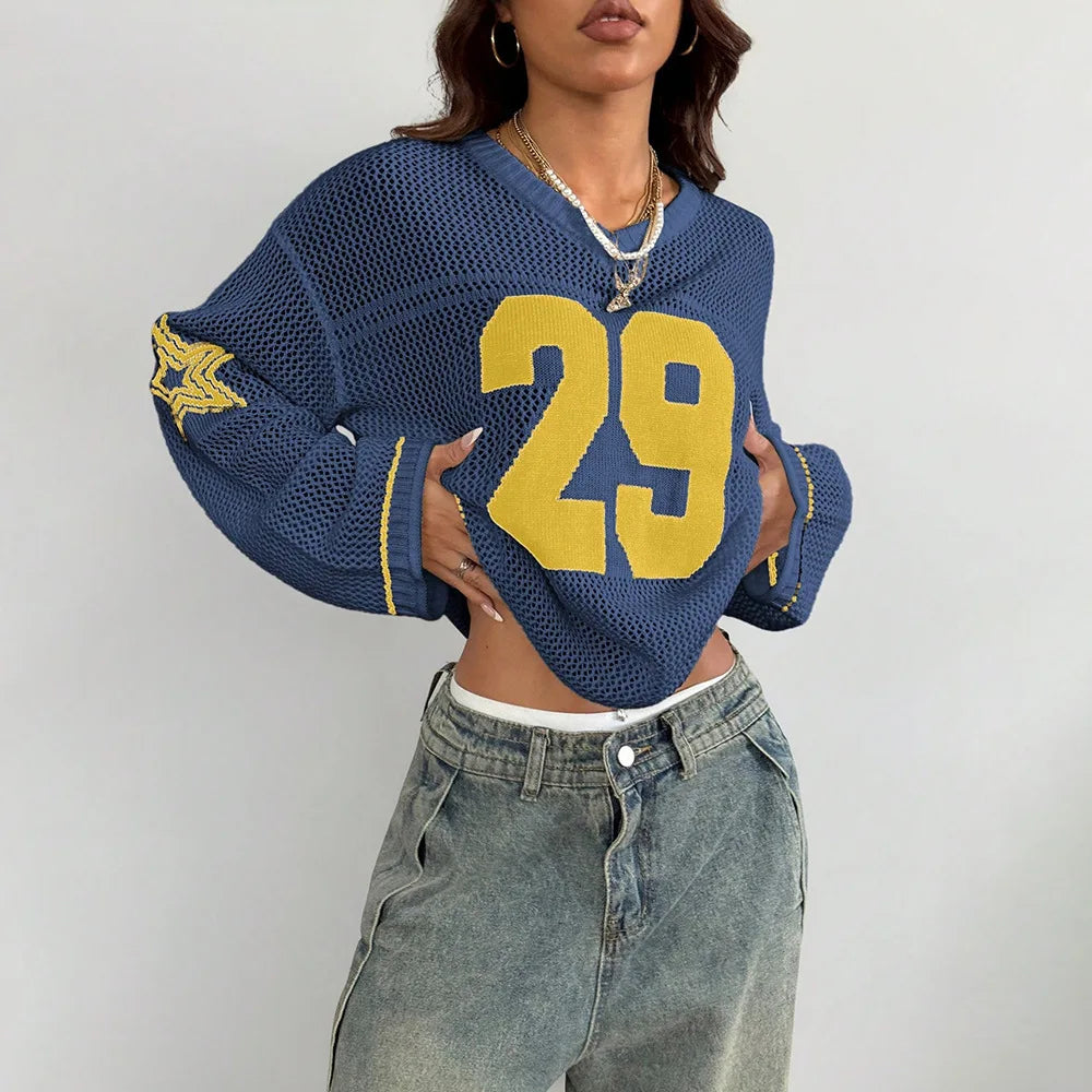 Y2K Style Sports Jersey Knitted Topsable Digital Printed Round Neck Long Sleeve Jumper Street Trend
