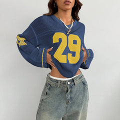 Y2K Style Sports Jersey Knitted Topsable Digital Printed Round Neck Long Sleeve Jumper Street Trend